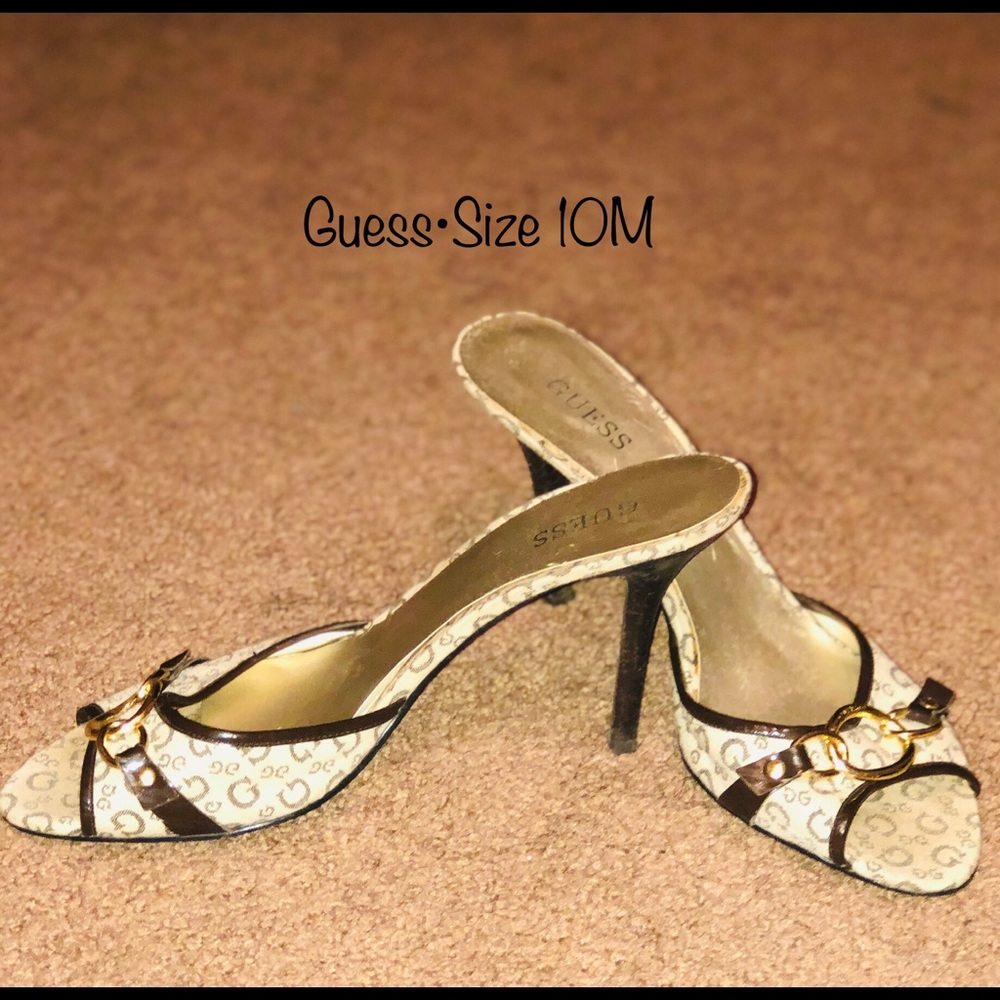 Guess- brown/Gold open toe heel slides.